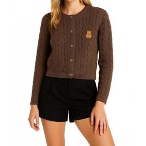 NEW SUNDAY EDITION teddy embroidered button-down cable knit cardigan in brown